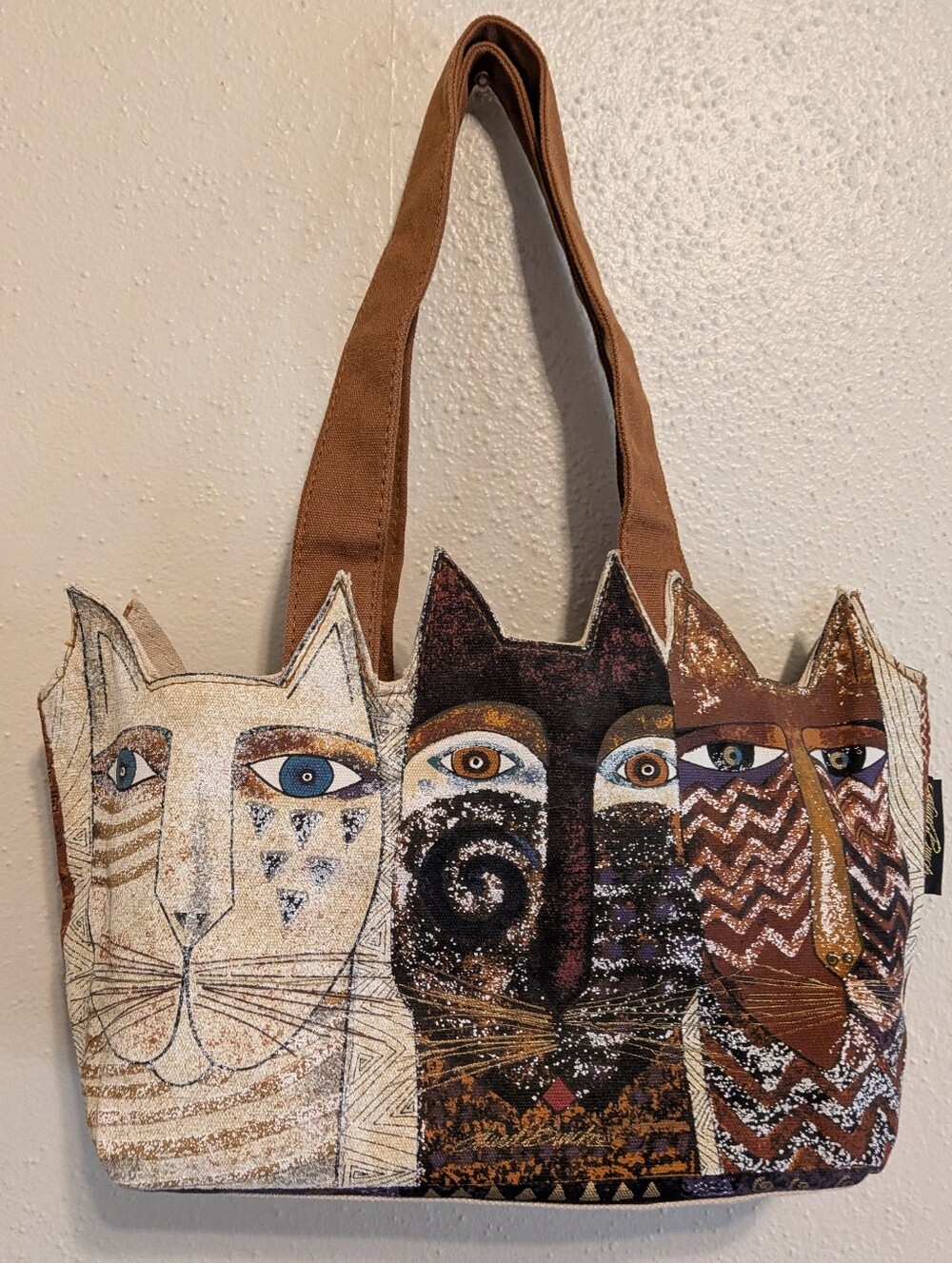 Laurel Burch Trio Cat Printed Canvas Tote Bag in Brown Like New No Tags